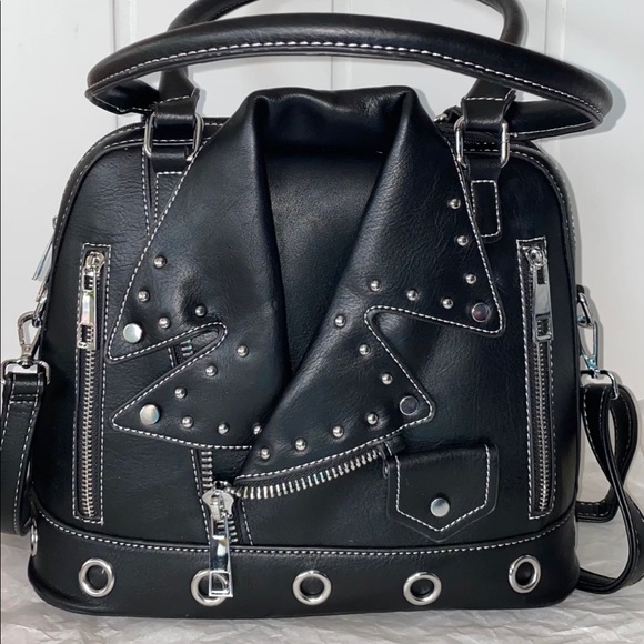 Handbags - Leather jacket purse black alt fashion bag with silver metal studs and detailing